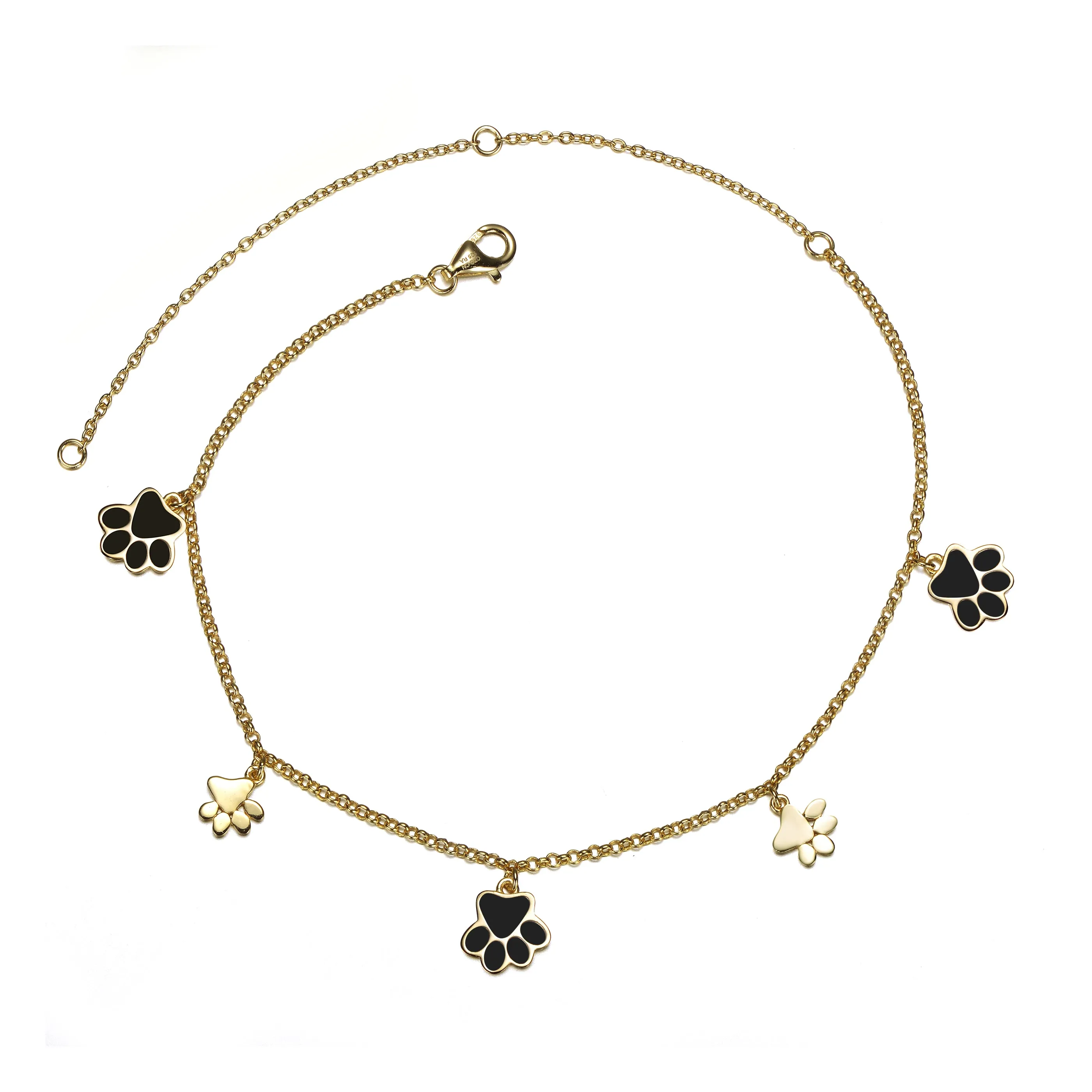 14k Gold Plated Enamel Puppy Paw Dangle Charm Anklet, Adjustable Length