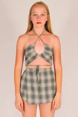 70's Halter and Skorts - Flannel Green Beige Plaid