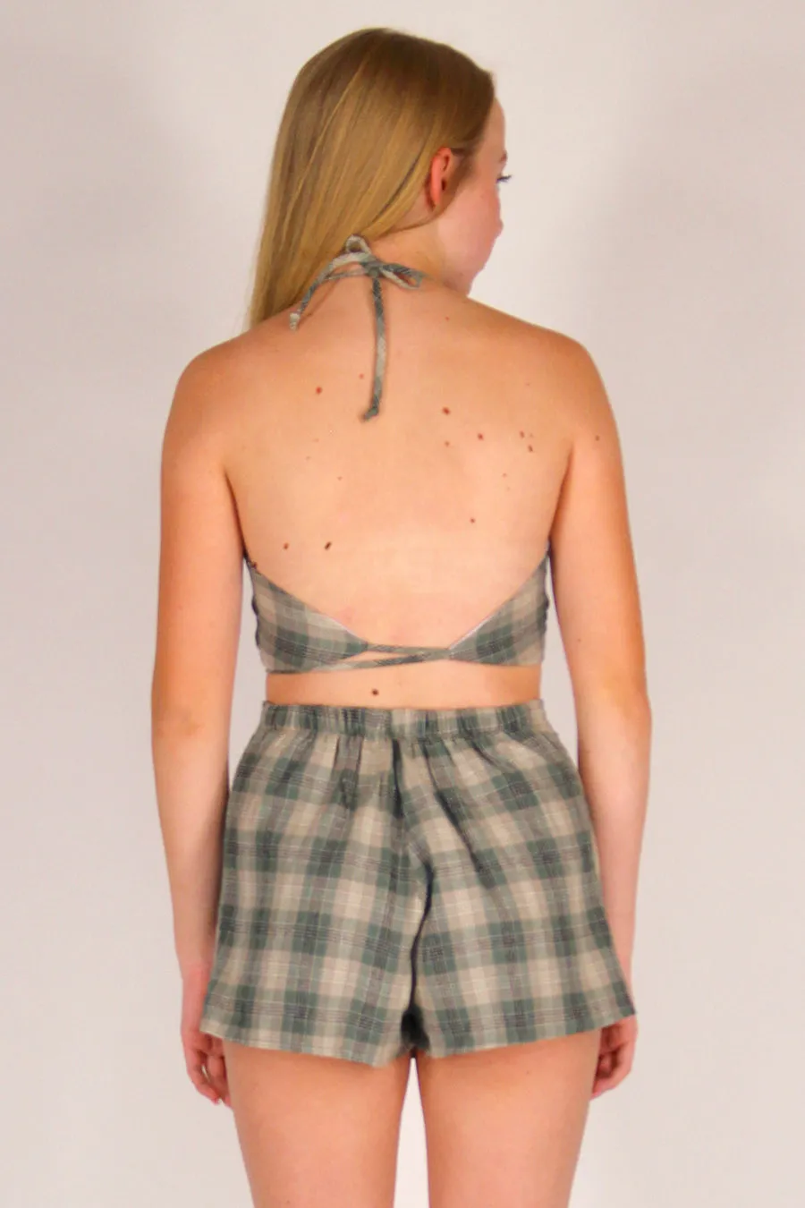 70's Halter and Skorts - Flannel Green Beige Plaid