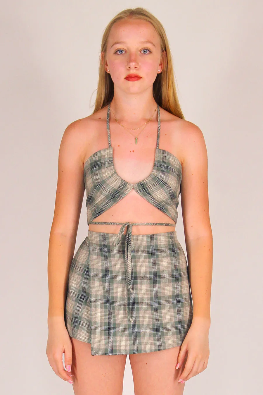 70's Halter and Skorts - Flannel Green Beige Plaid