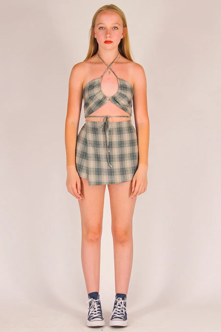 70's Halter and Skorts - Flannel Green Beige Plaid