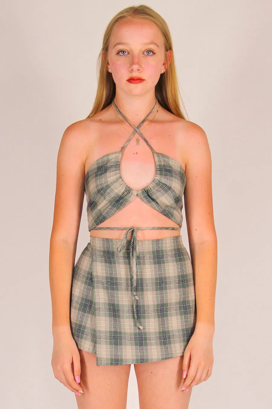 70's Halter and Skorts - Flannel Green Beige Plaid