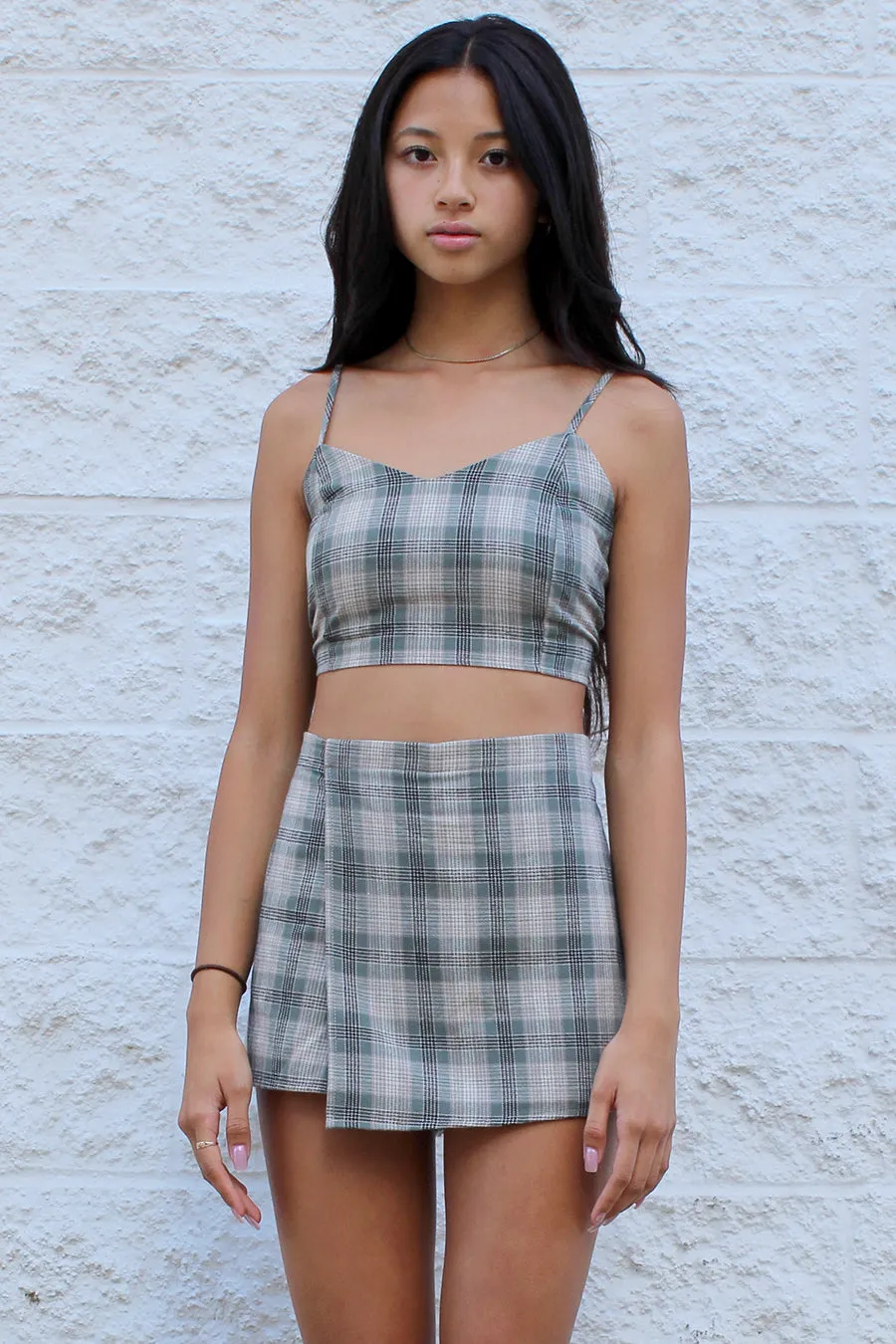 Adjustable Cami Top and Skorts - Flannel Green Beige Plaid