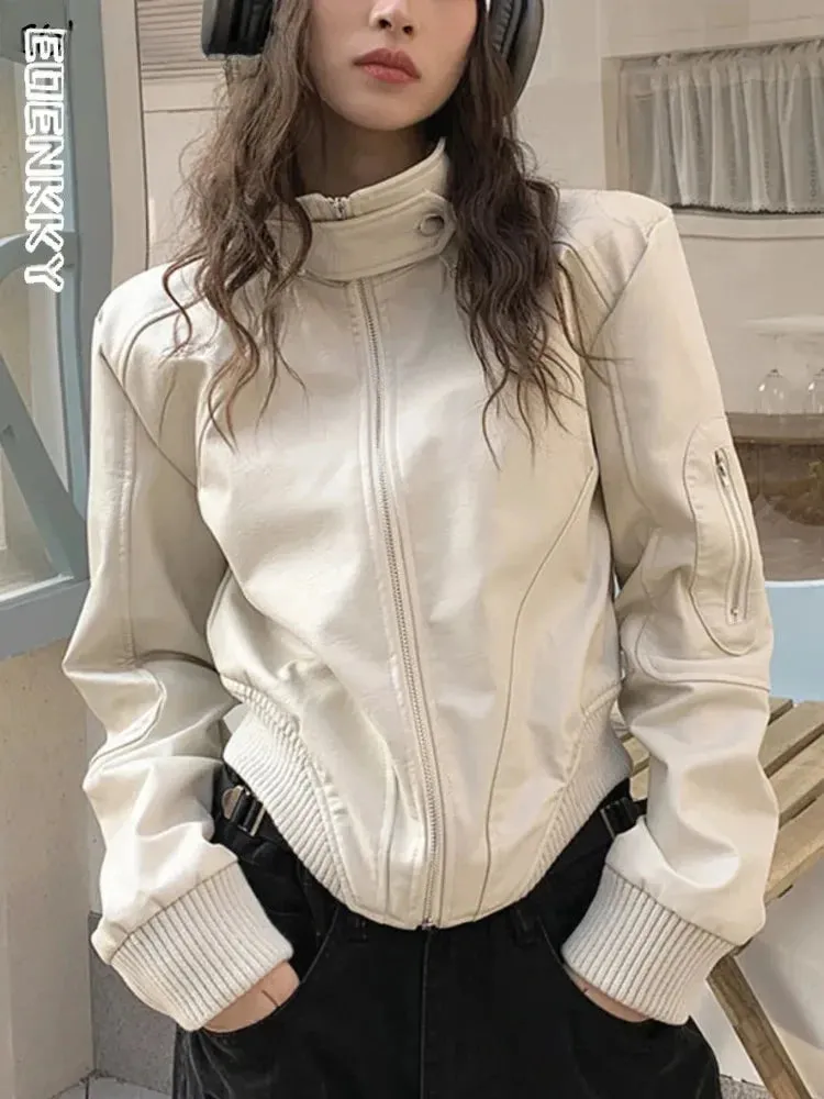 Advbridge Stand Collar Zipper Woman Pu Jackets Loose Casual Motorcycle Jaquetas Retro Cropped White Leather Jackets Autumn New Coats