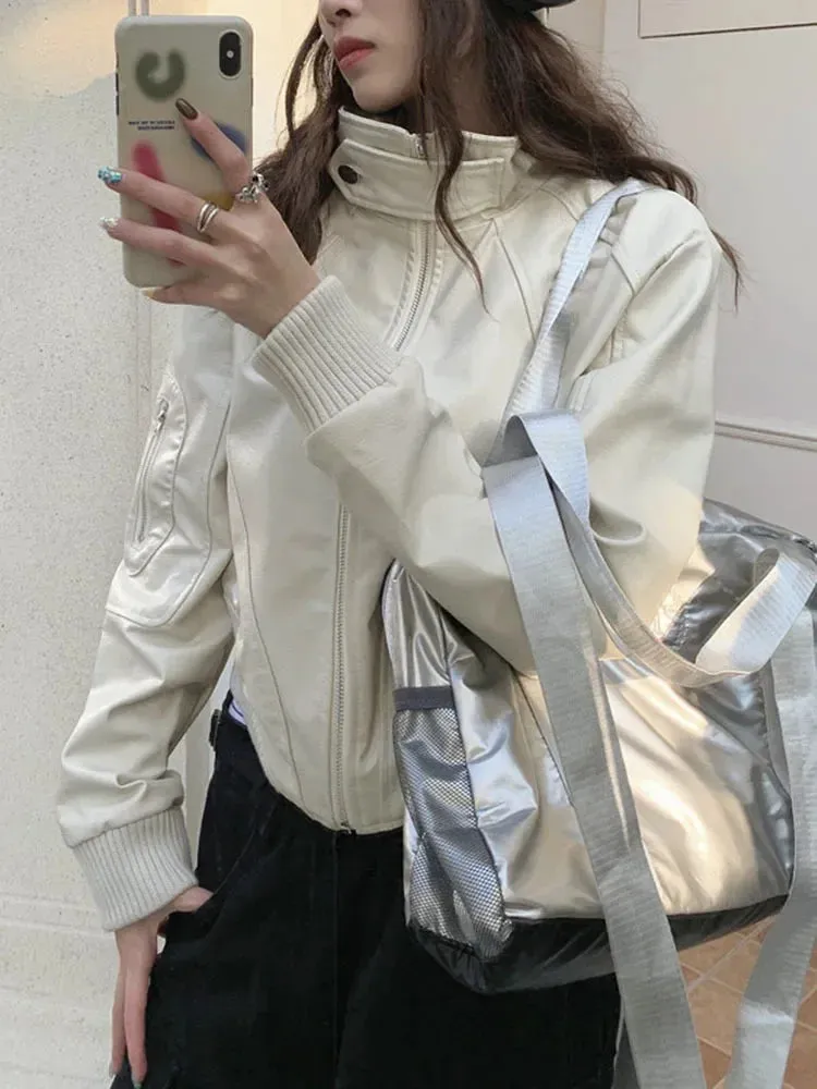 Advbridge Stand Collar Zipper Woman Pu Jackets Loose Casual Motorcycle Jaquetas Retro Cropped White Leather Jackets Autumn New Coats