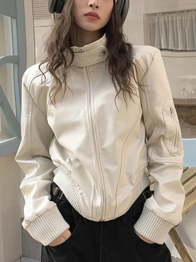 Advbridge Stand Collar Zipper Woman Pu Jackets Loose Casual Motorcycle Jaquetas Retro Cropped White Leather Jackets Autumn New Coats