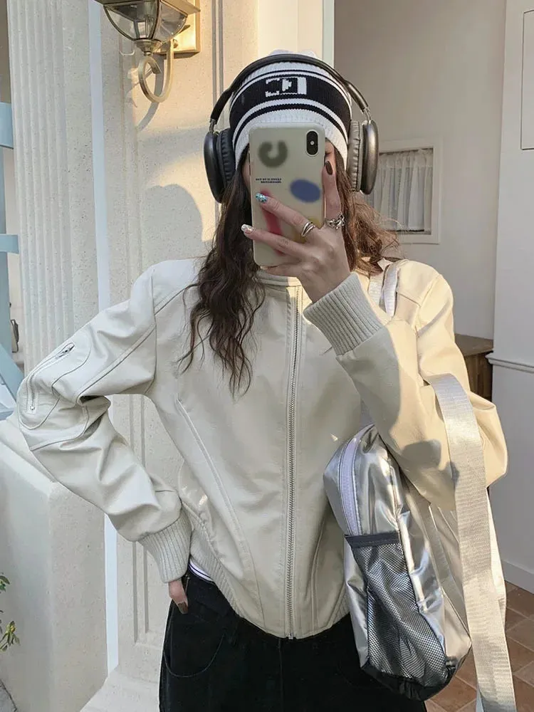 Advbridge Stand Collar Zipper Woman Pu Jackets Loose Casual Motorcycle Jaquetas Retro Cropped White Leather Jackets Autumn New Coats