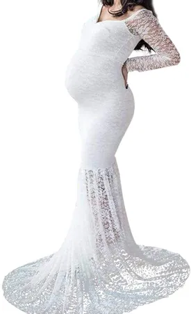 Babymoon Lace Off Shoulder Maternity Gown Dress  - White