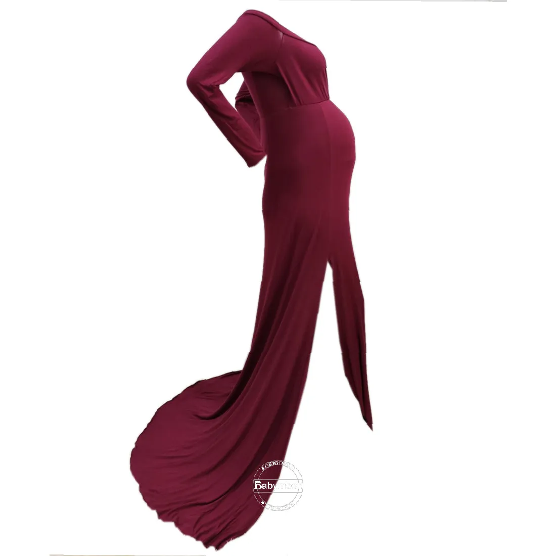 Babymoon Off Shoulder Full Sleeve Maternity Gown Dress - Maroon