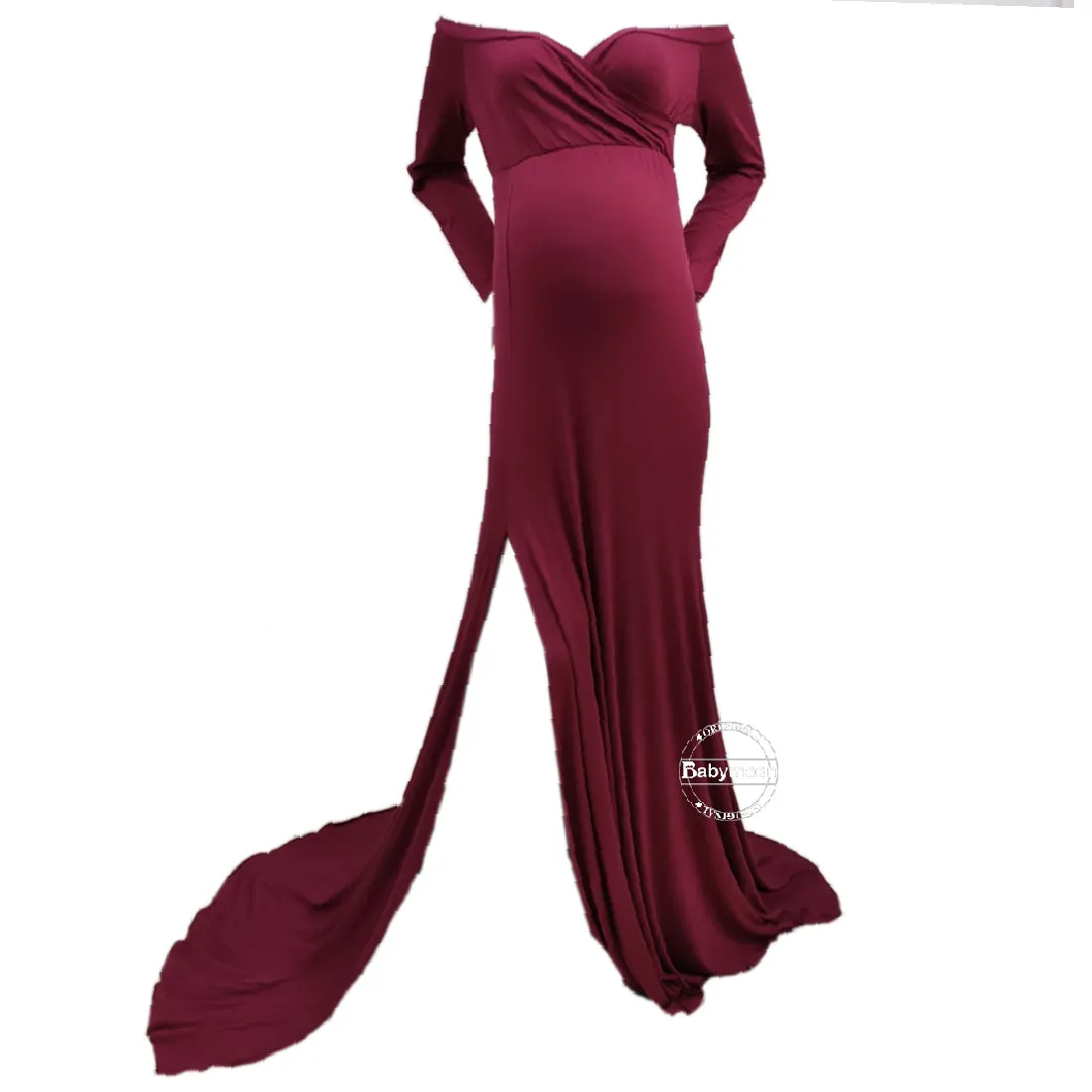 Babymoon Off Shoulder Full Sleeve Maternity Gown Dress - Maroon