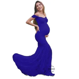 Babymoon Off Shoulder Maternity Gown Dress - Blue