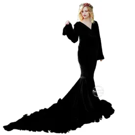 Babymoon Velvet Baggy Sleeve Maternity Gown Dress - Black