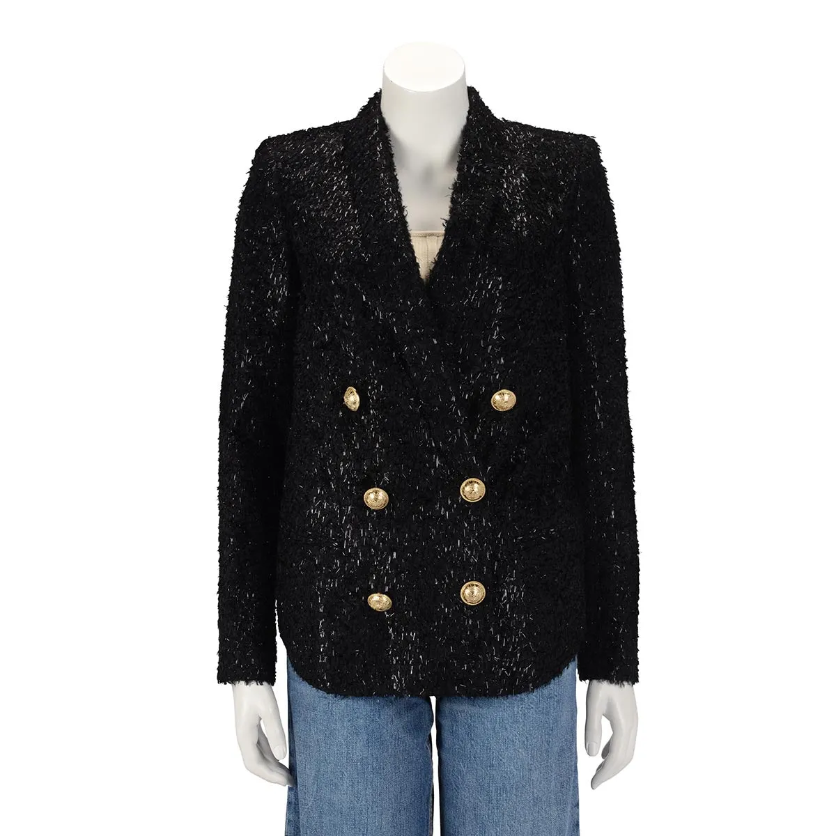 Balmain Black Fringed Lame Double Breasted Blazer FR 34