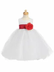 Blossom White Poly Silk Bodice & Tulle Skirt Dress w/ Detachable Flower & Sash