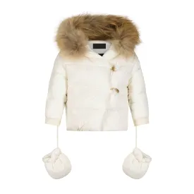 BWBB8-WHITE BABY COAT WITH BROWN BUTTONS/NTRL FUR