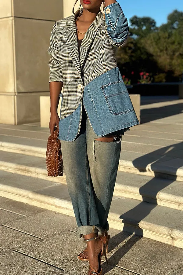 Chic Plaid Denim Patchwork Button Back Blazer