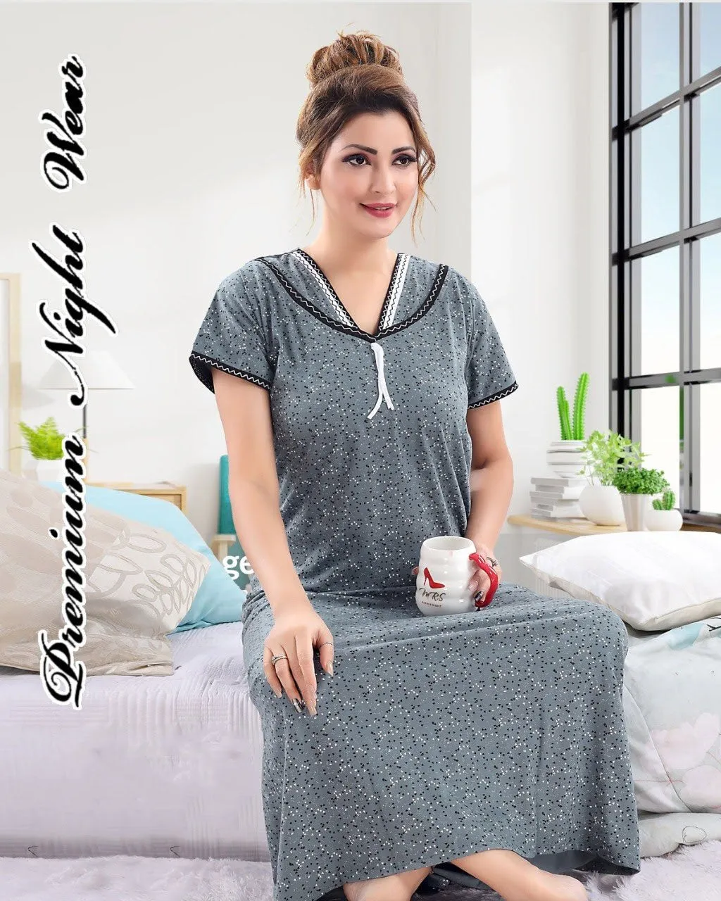 Cotton Grey Long Nighty Night Wear for Women