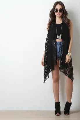 Crochet Lace Open Front Sleeveless Long Cardigan