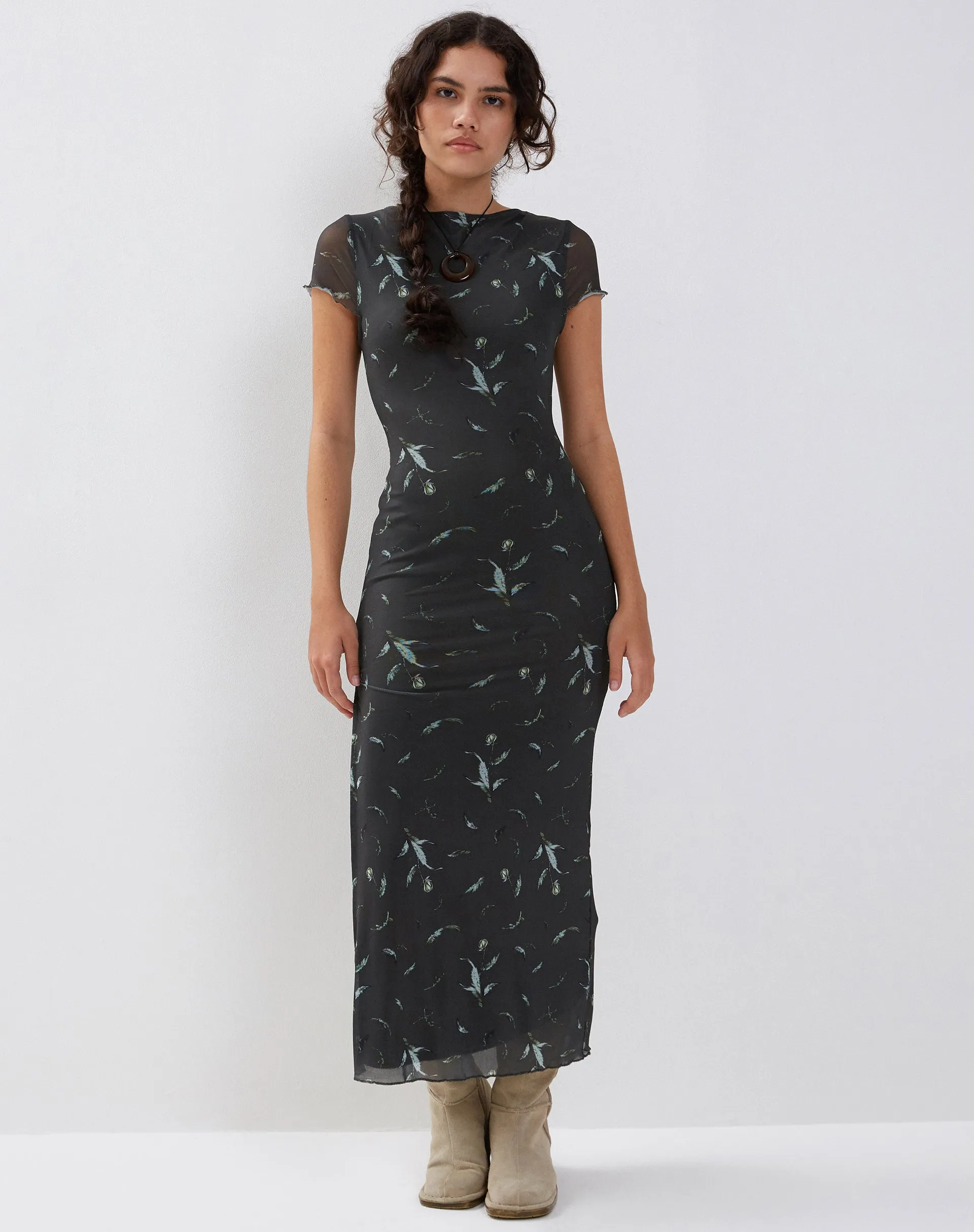 Danari Mesh Maxi Dress in Floral Khaki Silhouette