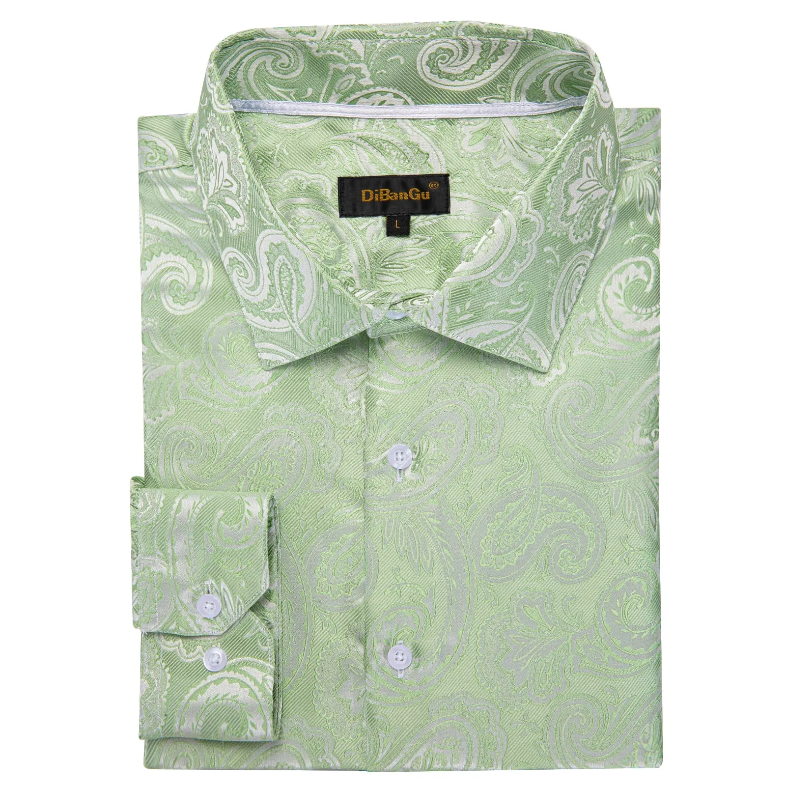 DiBanGu Collared Shirt Sage Green Paisley Silk Button Down Long Sleeve Mens Shirt Dress