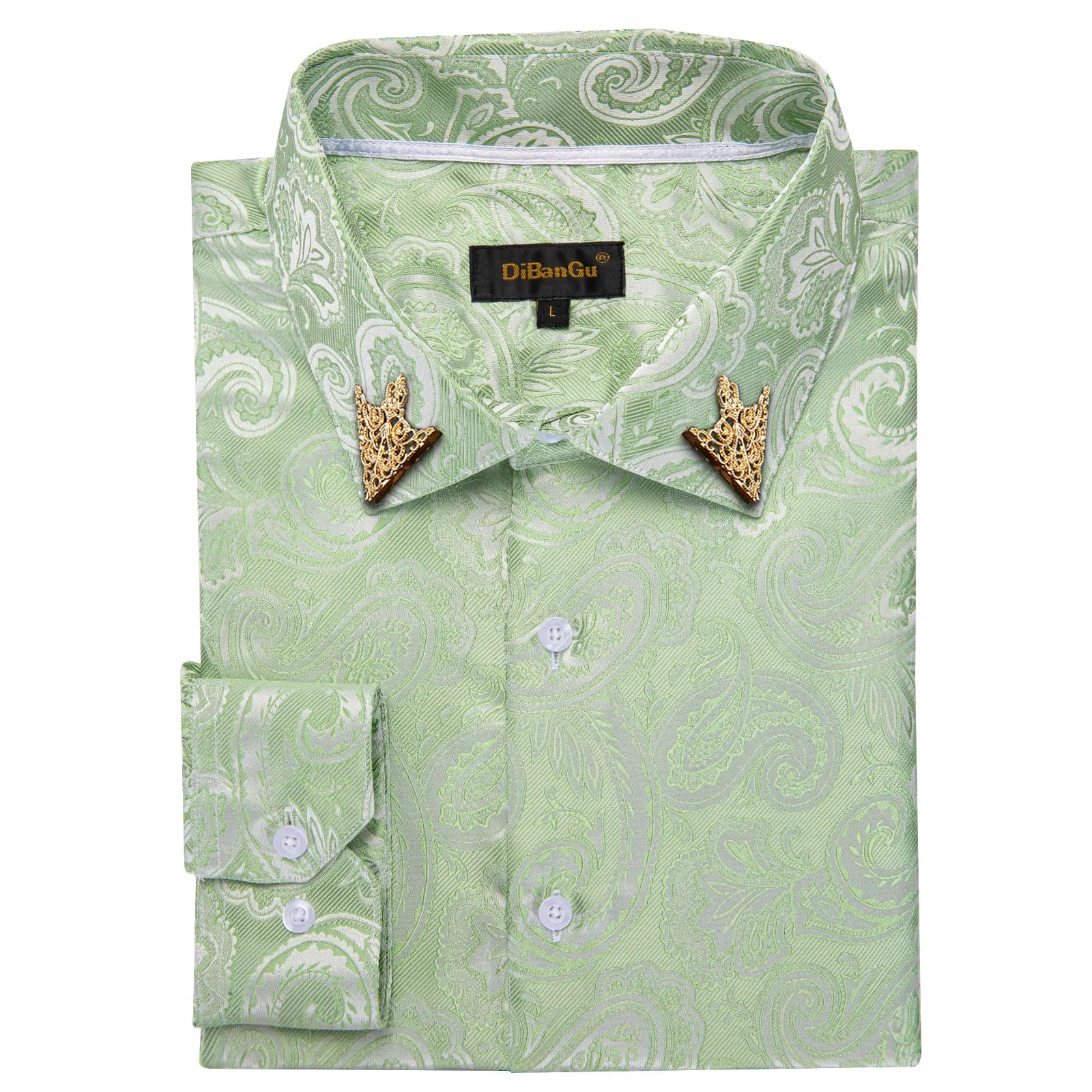 DiBanGu Collared Shirt Sage Green Paisley Silk Button Down Long Sleeve Mens Shirt Dress