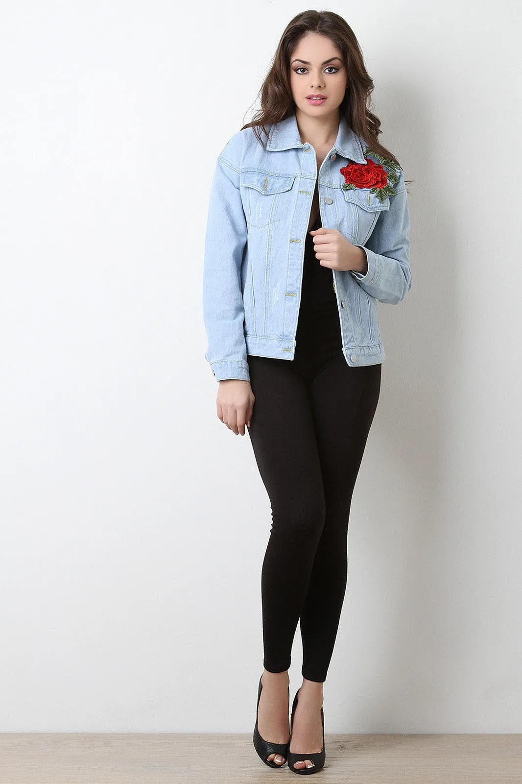 Floral Embroidery Patch Denim Jacket