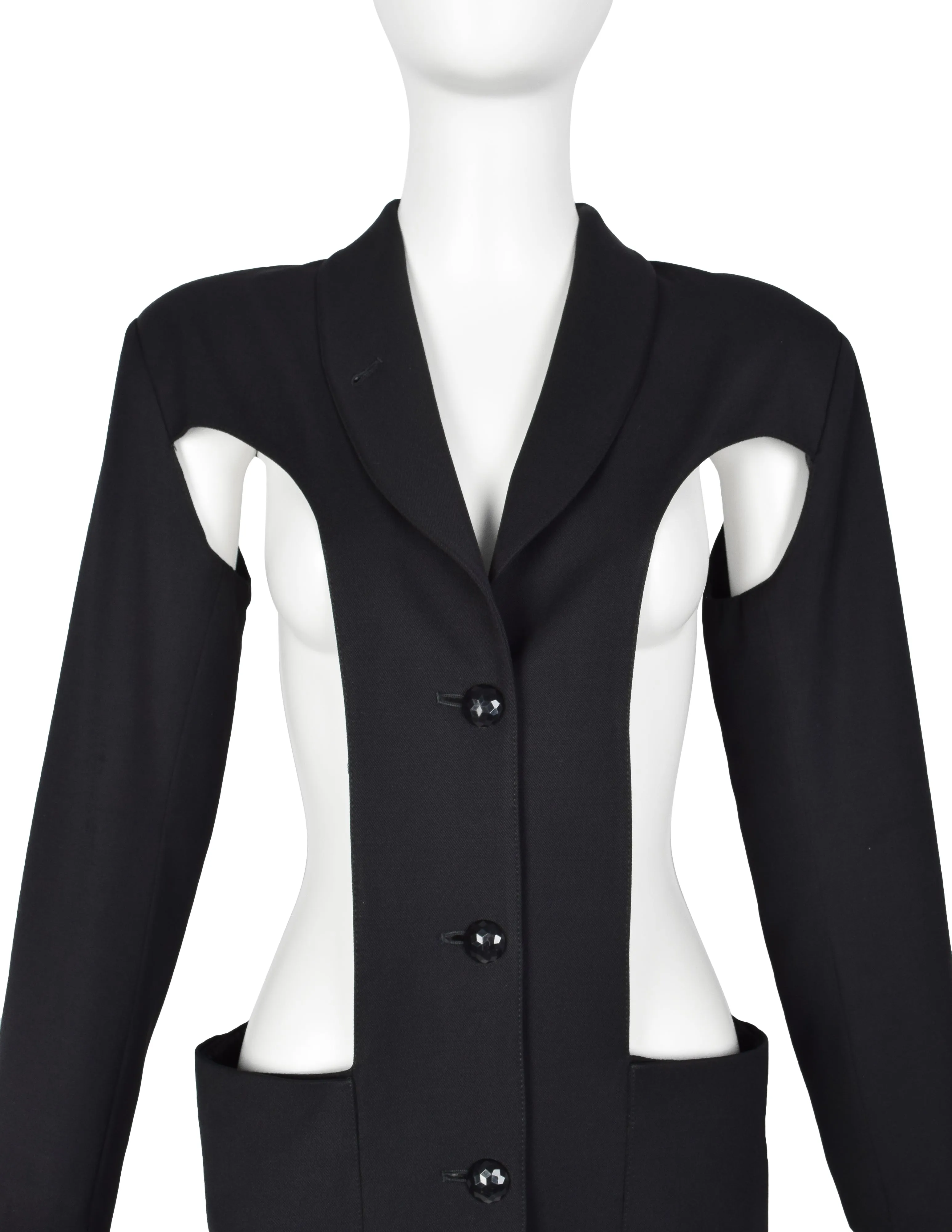 Jean Paul Gaultier Vintage AW 1985 Phenomenal Black Wool Gabardine Cut Out Blazer Jacket