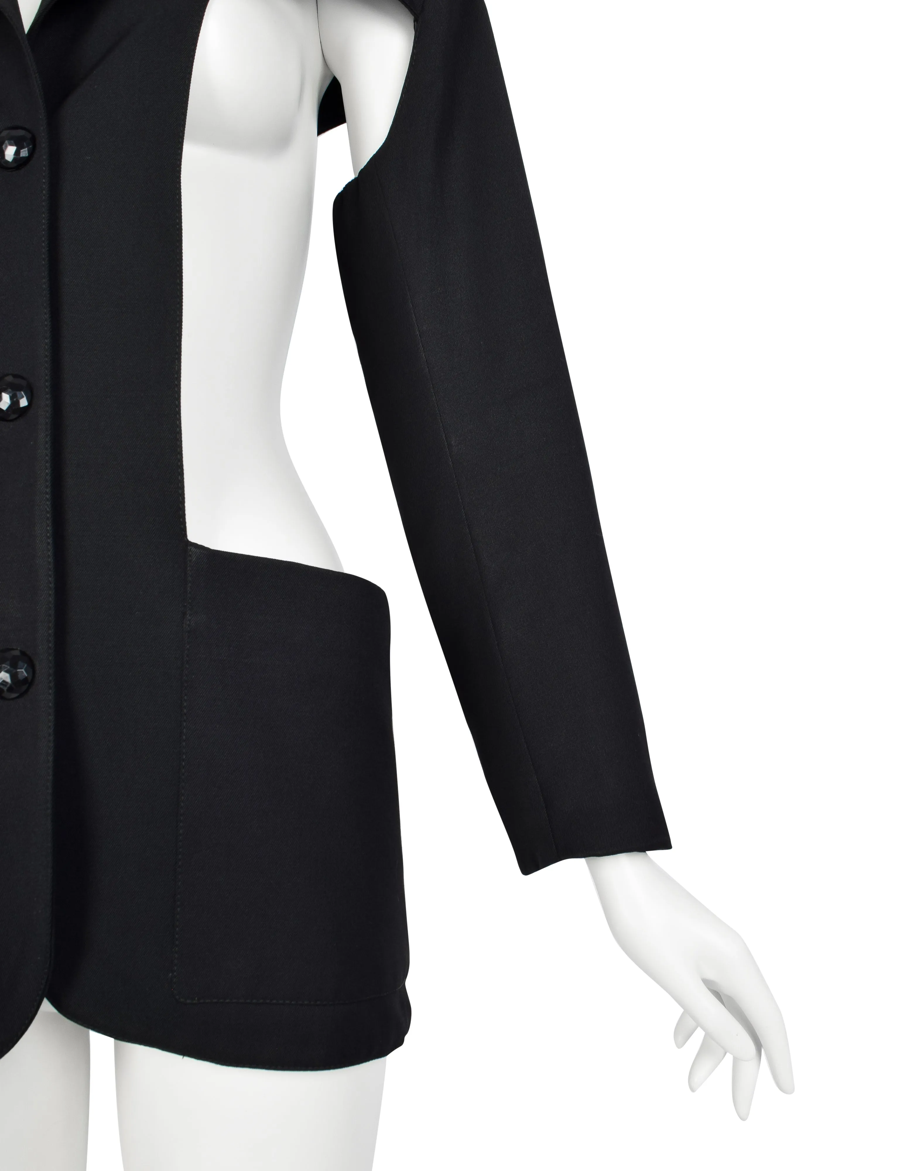 Jean Paul Gaultier Vintage AW 1985 Phenomenal Black Wool Gabardine Cut Out Blazer Jacket