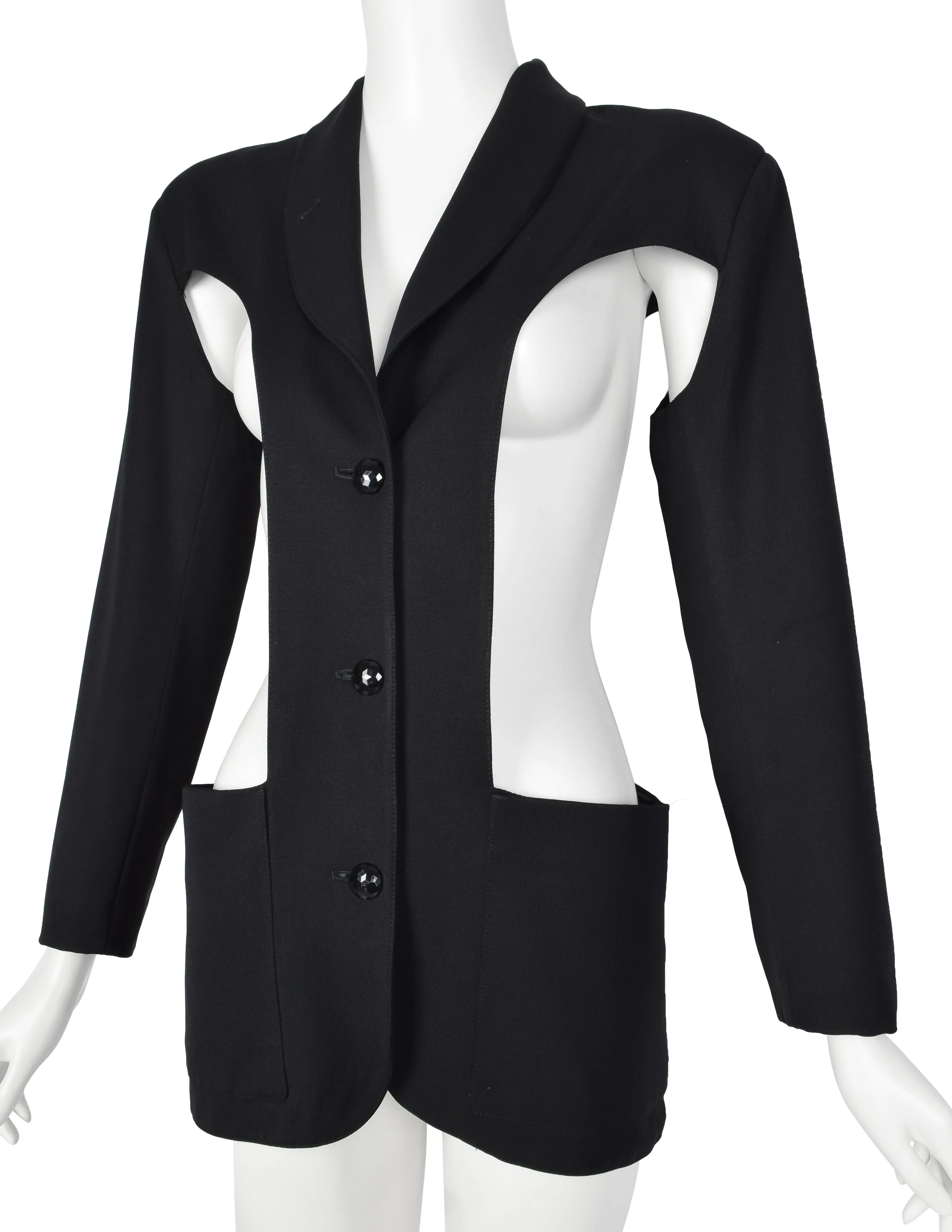 Jean Paul Gaultier Vintage AW 1985 Phenomenal Black Wool Gabardine Cut Out Blazer Jacket