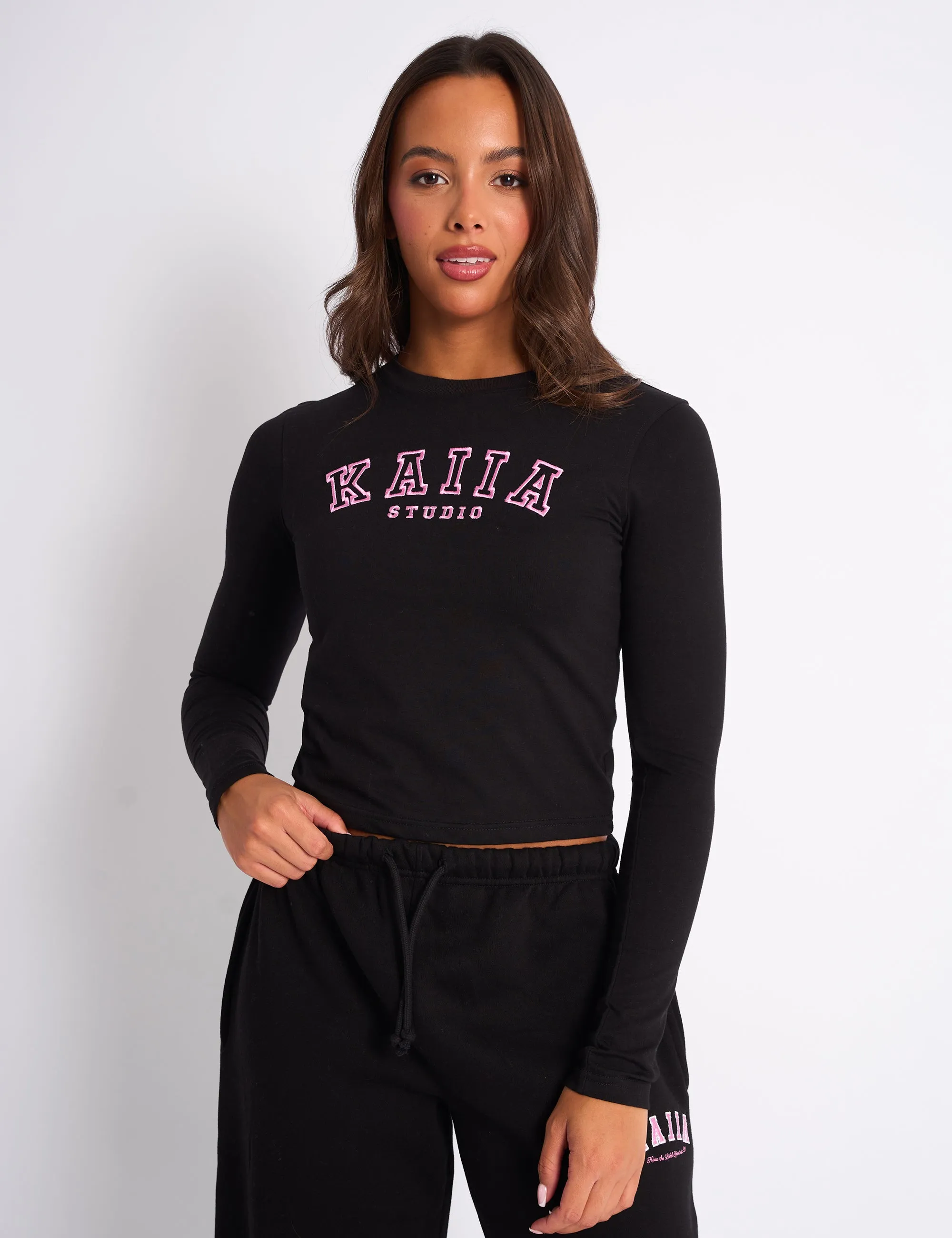 Kaiia Logo Long Sleeve Baby Tee Black & Pink