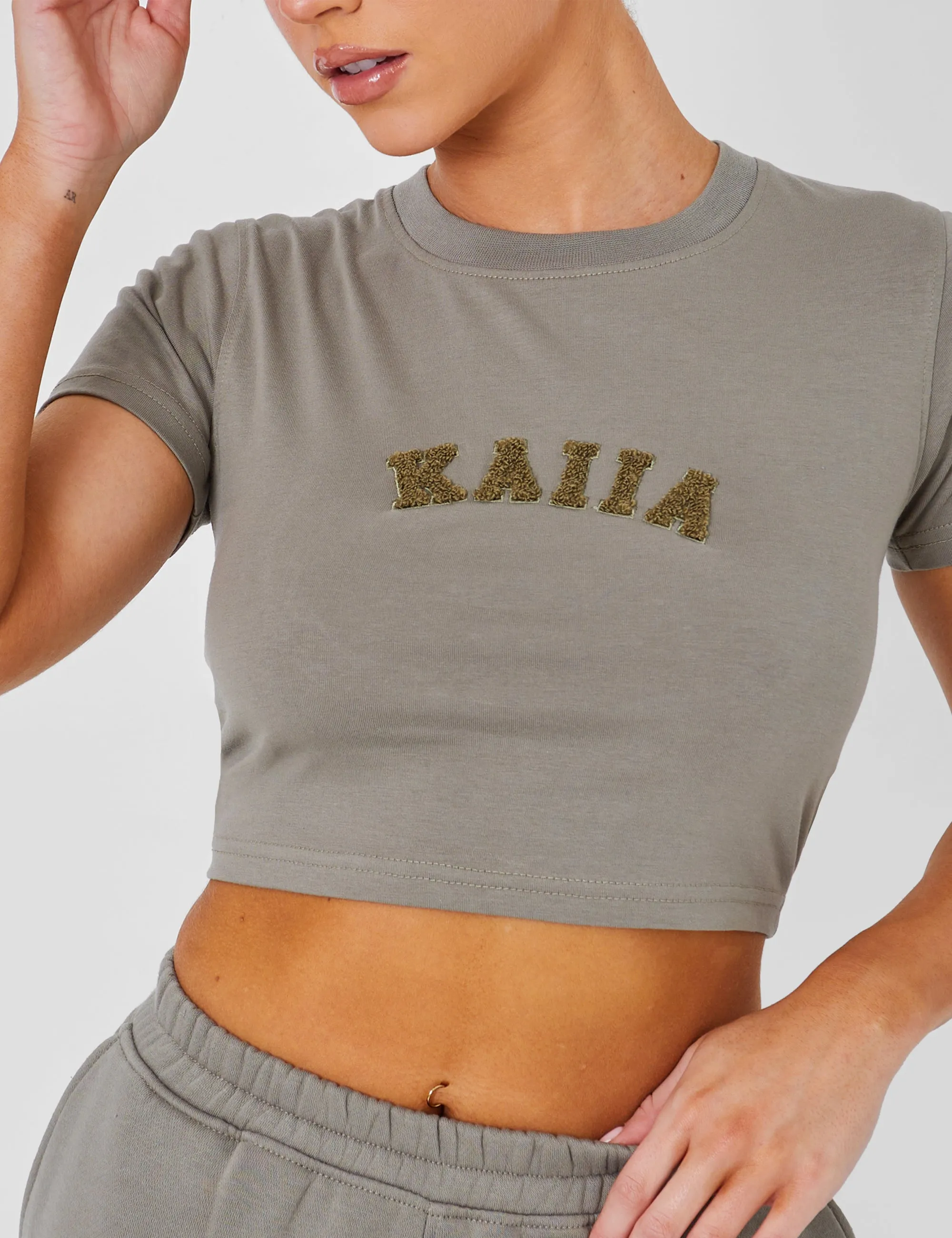 Kaiia Slogan Baby Tee Khaki