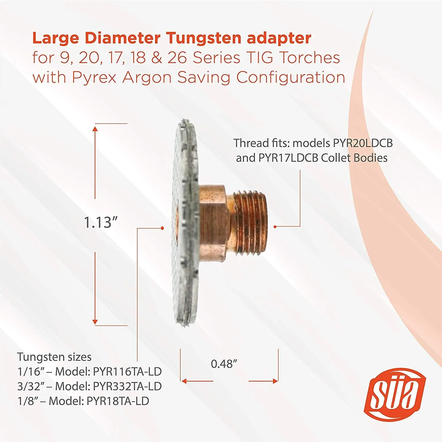 Large Diameter Tungsten adapter for 9, 20, 17, 18 & 26 Series TIG Torches with Fused Quartz Argon-Saving Configuration