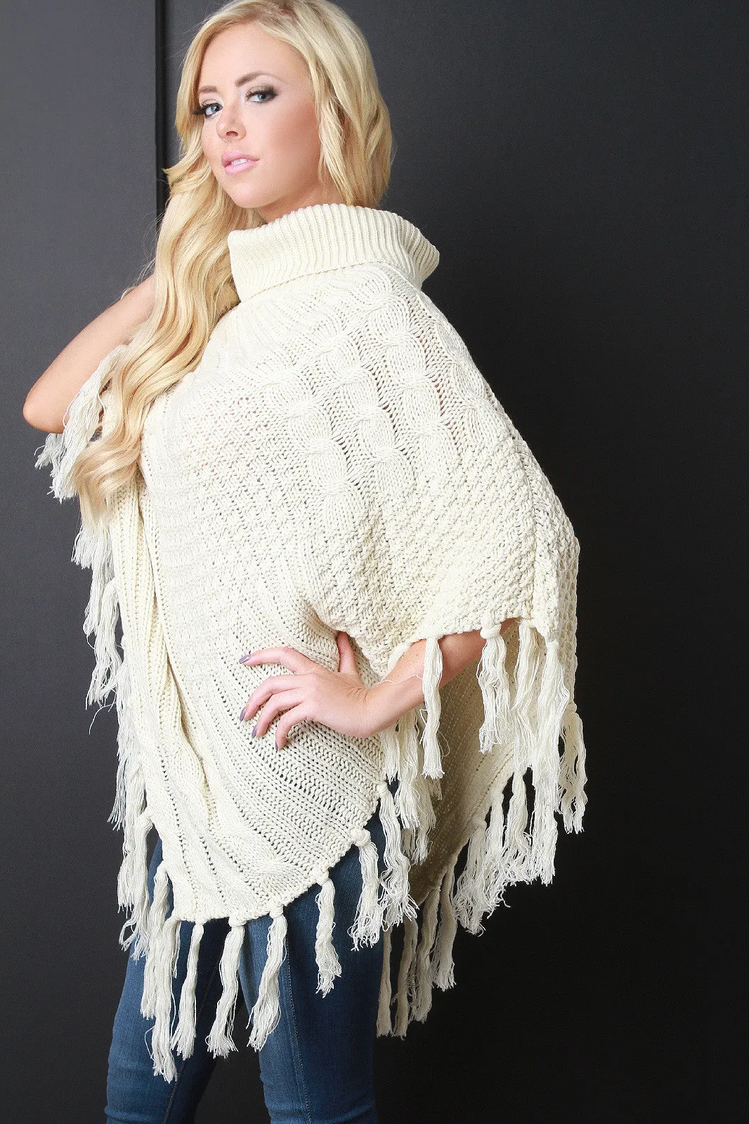 Mixed Cable Knit Turtleneck Tassel Hem Poncho