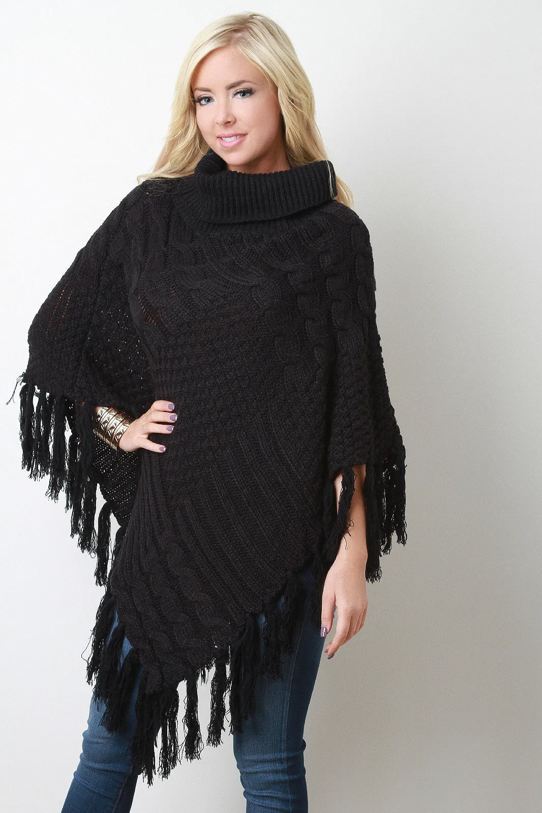 Mixed Cable Knit Turtleneck Tassel Hem Poncho