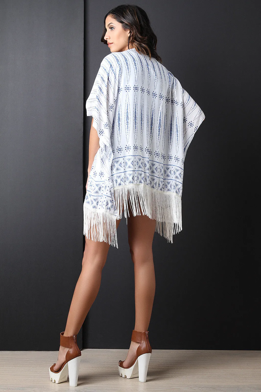 Open Front Printed Tassel Fringe Hem Kimono