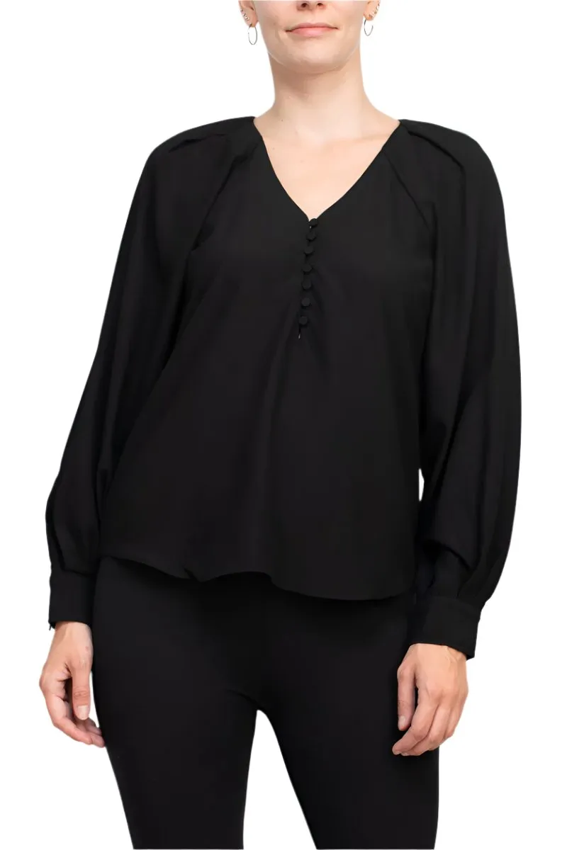 Philosophy V-neck cuffed long sleeve button closure front solid stretch crepe blouse