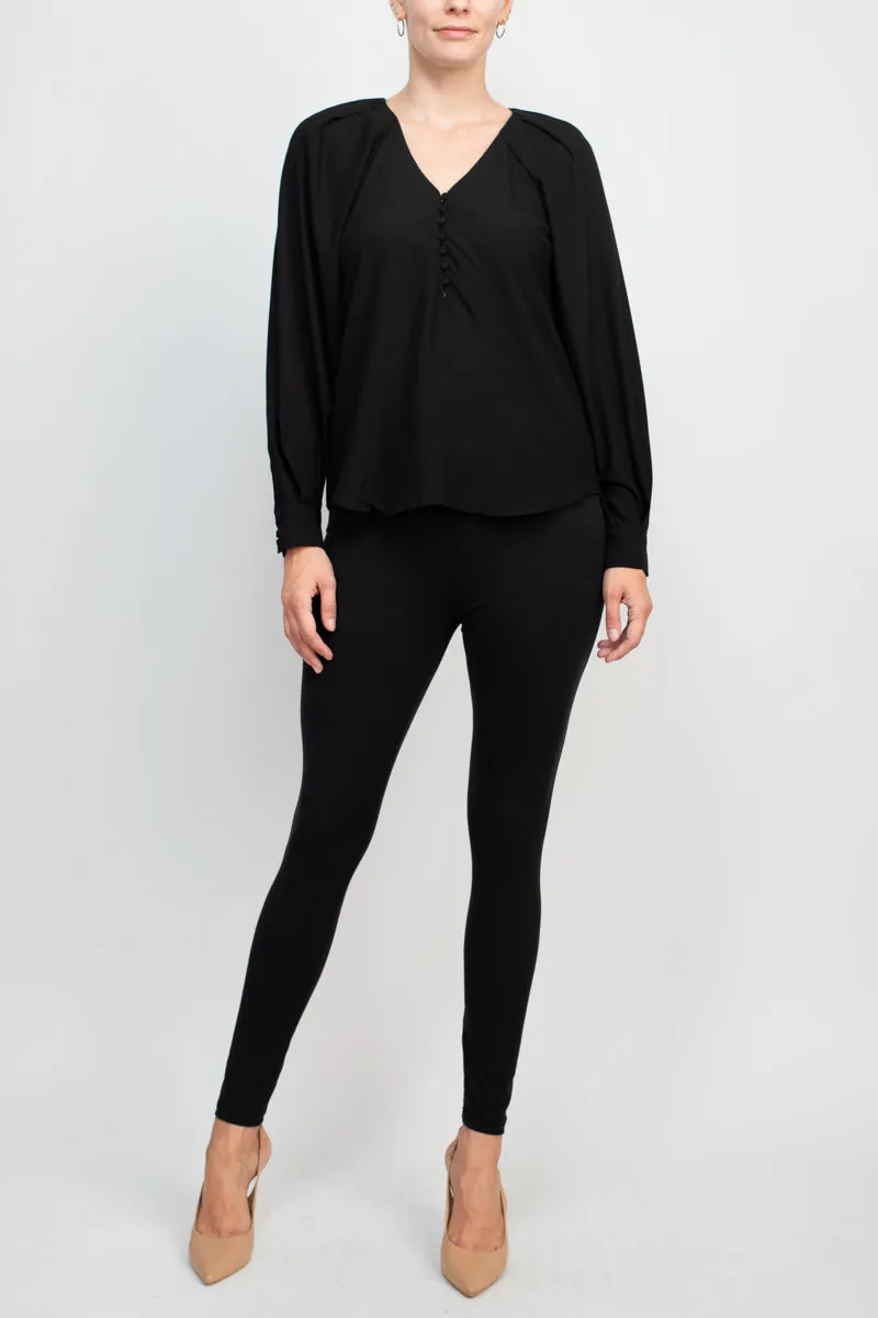 Philosophy V-neck cuffed long sleeve button closure front solid stretch crepe blouse