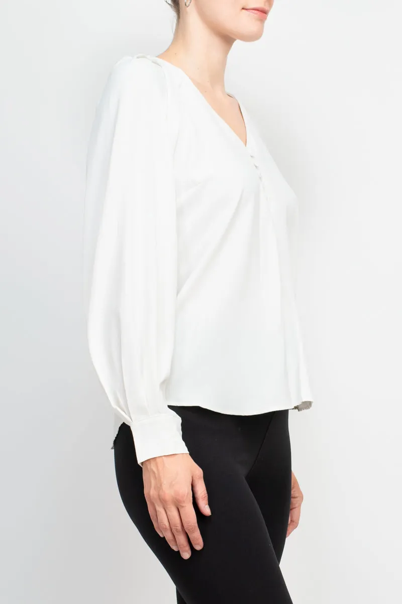 Philosophy V-neck cuffed long sleeve button closure front solid stretch crepe blouse