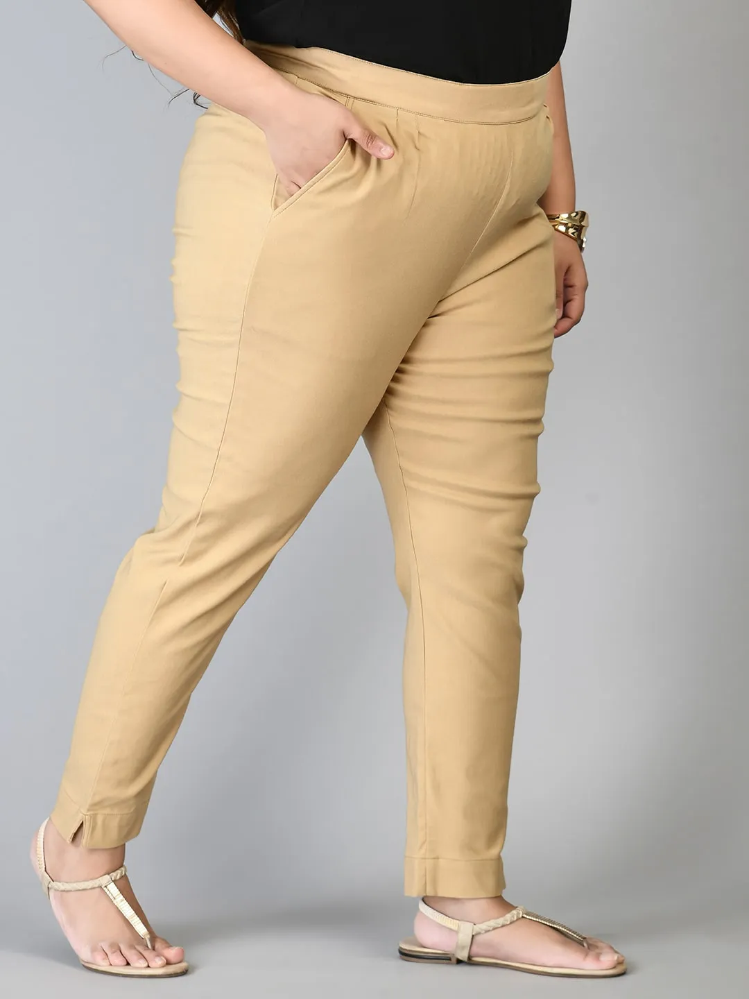 Plus Size Plus Size Beige Lycra Trousers