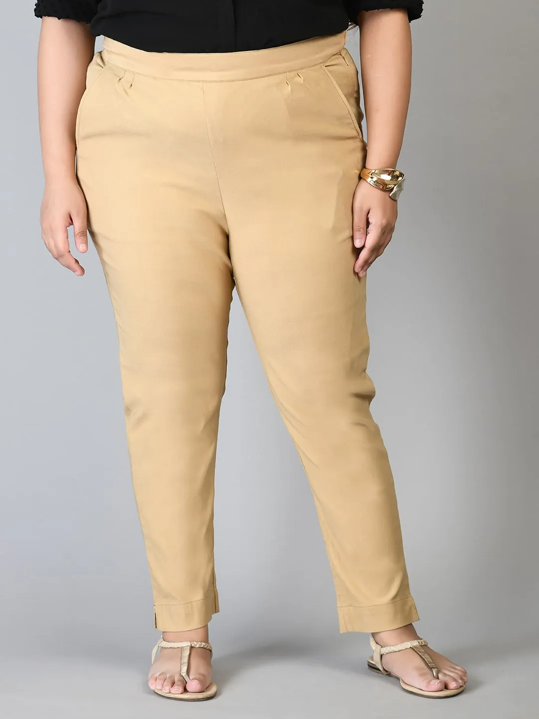 Plus Size Plus Size Beige Lycra Trousers