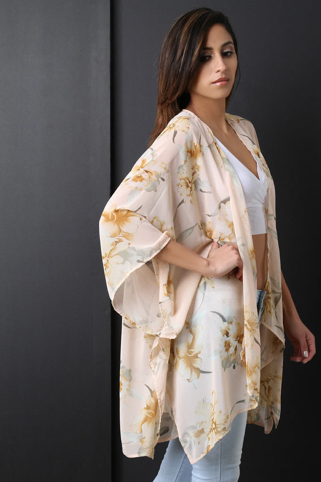 Semi-Sheer Floral Chiffon Draped Open Kimono Cardigan