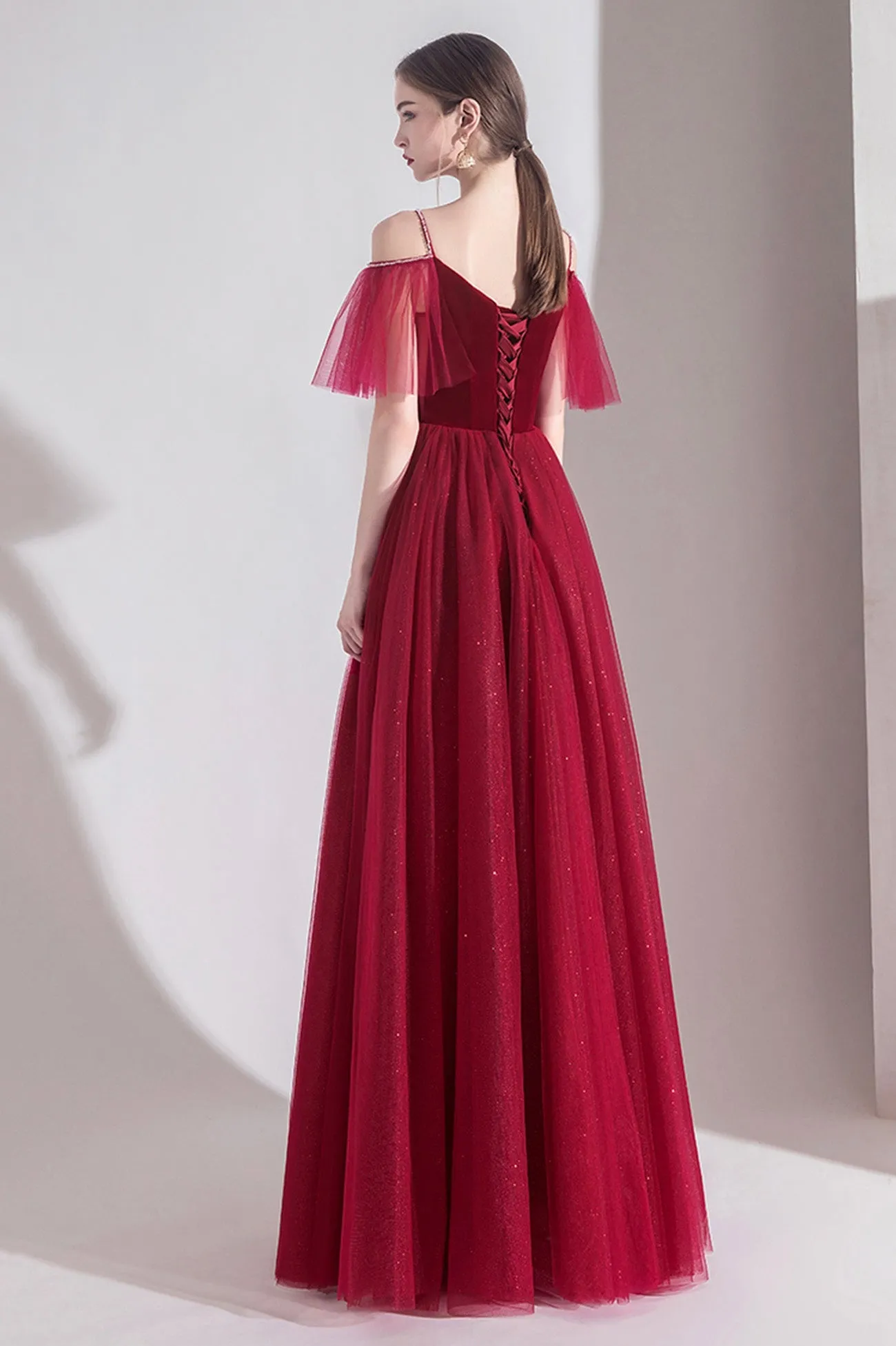 solvbao Burgundy Velvet Tulle Long A-Line Prom Dresses, Simple Evening Dresses