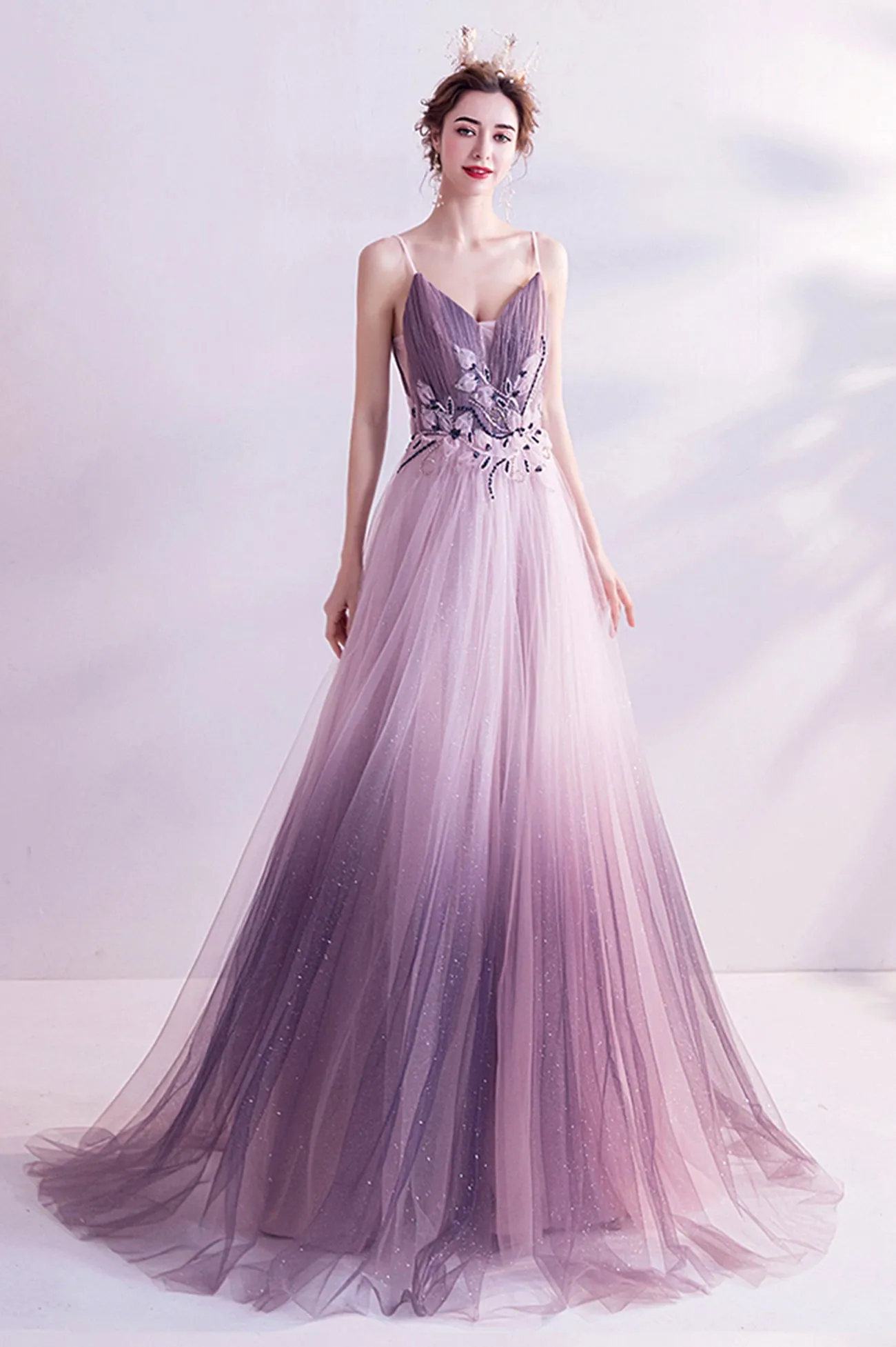 solvbao Purple Tulle Sequins Long Prom Dresses, A-Line Evening Dresses