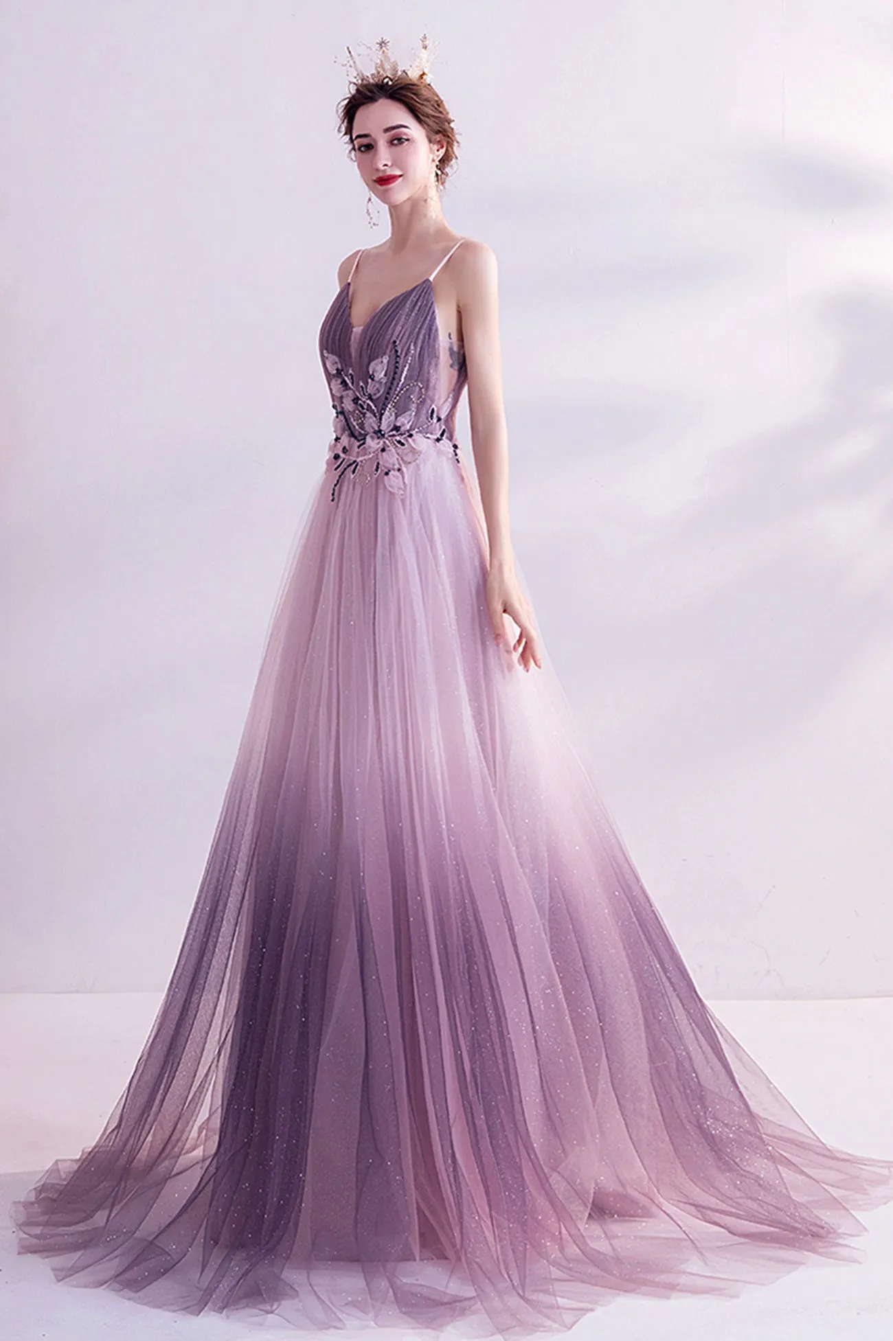 solvbao Purple Tulle Sequins Long Prom Dresses, A-Line Evening Dresses