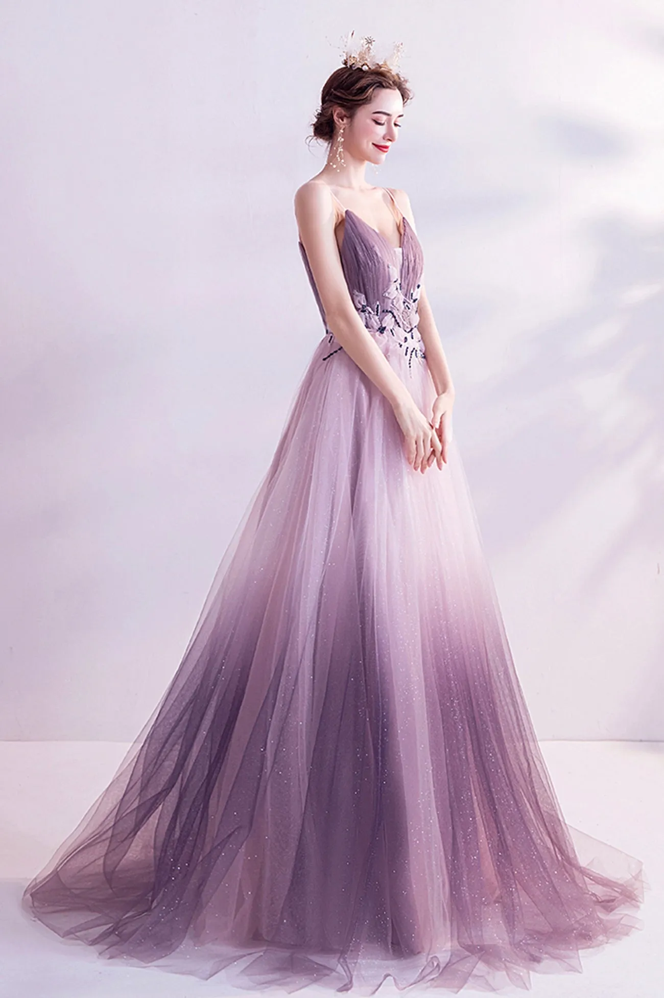 solvbao Purple Tulle Sequins Long Prom Dresses, A-Line Evening Dresses