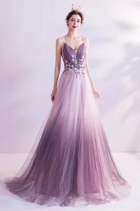 solvbao Purple Tulle Sequins Long Prom Dresses, A-Line Evening Dresses