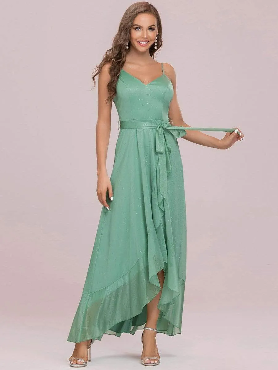 Spaghetti Strap Tie Waist Asymmetrical Floor-Length Evening Dress