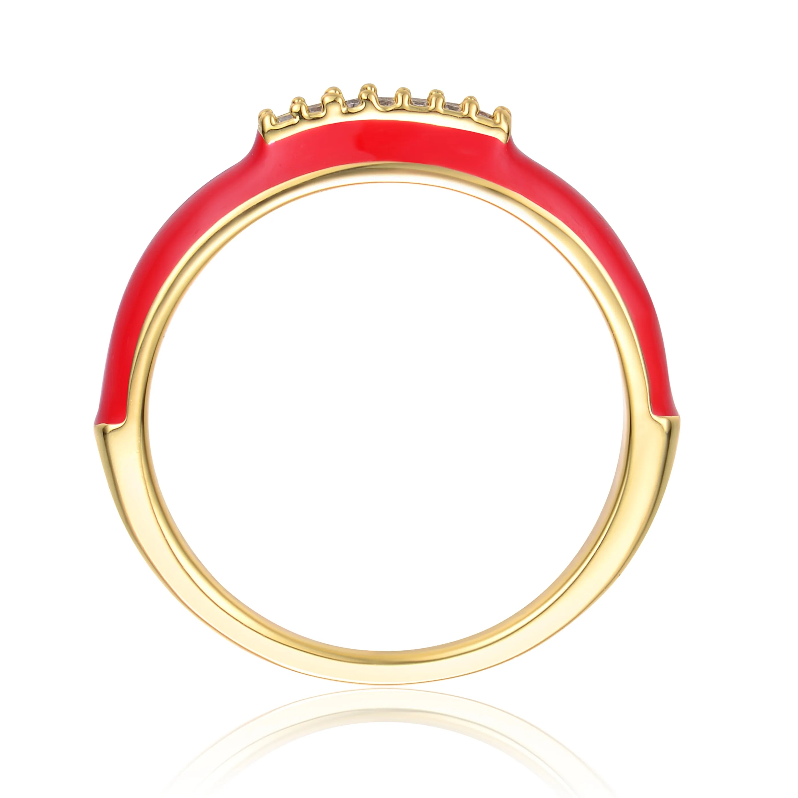 Sterling Silver 14k Yellow Gold Plated with Cubic Zirconia Red Enamel Slim Stacking Band Ring