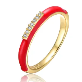 Sterling Silver 14k Yellow Gold Plated with Cubic Zirconia Red Enamel Slim Stacking Band Ring