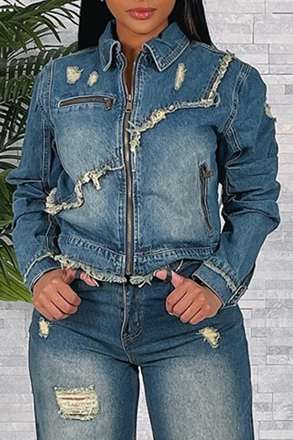 Stylish Frayed Zipper Through Denim Jacket